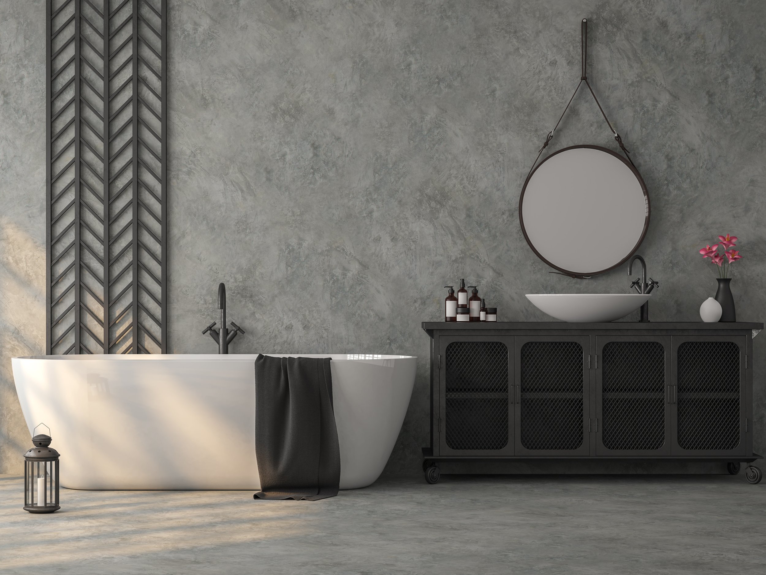 Loft Style Bathroom With Concrete Wall 3D Render